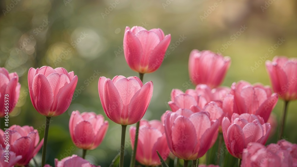 Obraz premium Charming pink tulip blooms surrounded by greenery with a dreamy background
