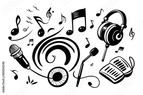 Black and White Music Doodle with Microphone Headphones Notes and Sound Waves ideal for music related designs posters invitations and social media content creation