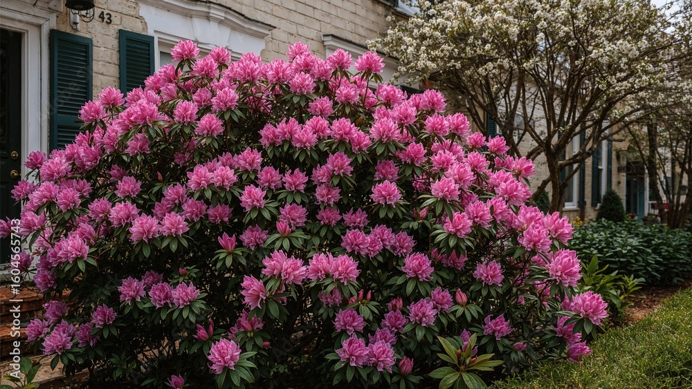 Pink-flowered rhododendron flourishing in a cozy townhouse garden. Pink-flowered rhododendron flourishing in a cozy townhouse garden.