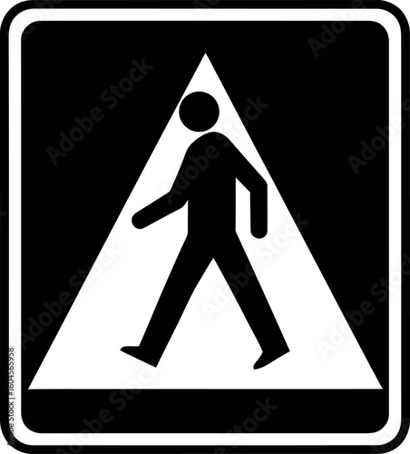 Pedestrian Crossing Sign: A bold pedestrian crossing sign, showcasing a silhouette of a person walking within a white triangle, conveying a clear message of pedestrian safety and awareness.