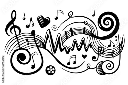 Black and white vector illustration of musical notes treble clef heart and decorative elements in doodle style for creative design and artistic compositions with a