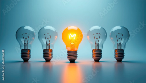 A row of five light bulbs on a reflective surface with one lit in the center, set against a smooth blue background with soft lighting
