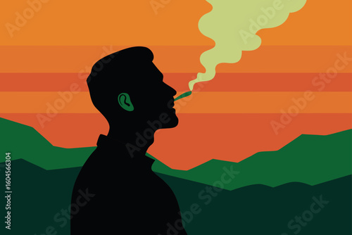 Silhouette of Man Smoking with Gazing Pose