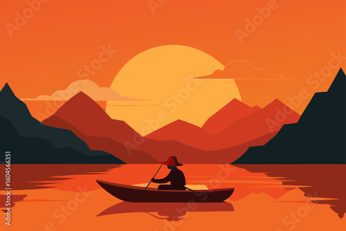 Fisherman Silhouette in a Canoe on Lake