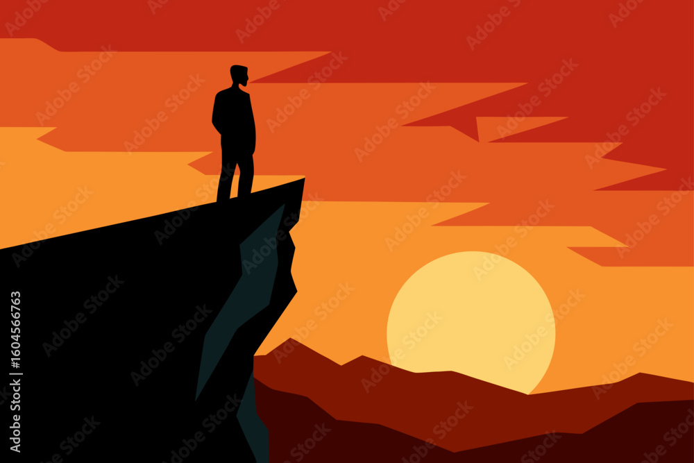 Fototapeta premium man sunset cliff silhouette