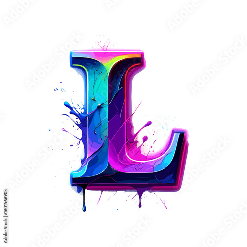 Vector art of graffitistyle letter l with neon outlines and colorful paint splashes