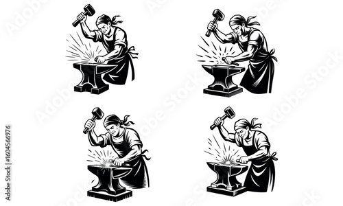 Blacksmith forging metal illustration of industrial worker with hammer and anvil in black and white design
