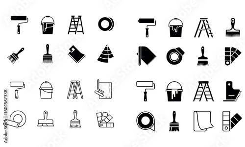 Painting tools icon set of brushes rollers buckets ladders and tapes in black and white isolated design
