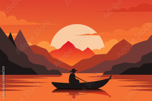 Fisherman Silhouette in a Canoe on Lake
