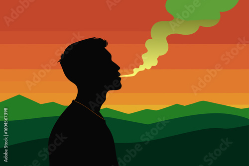 Silhouette of Man Smoking with Gazing Pose