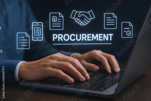 Wallpaper Mural concept of modern procurement, with a user interacting with a laptop and a digital representation of supply chain and purchasing processes. Torontodigital.ca