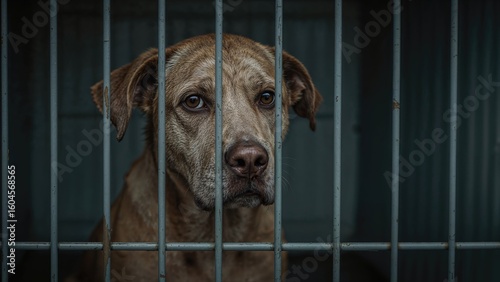 A senior dog suffering from cataracts held in a kennel at an animal care facility