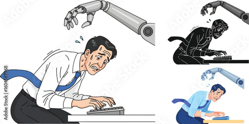 Automation anxiety concept: man scared of robotic arm, ai taking over jobs, future of work illustration