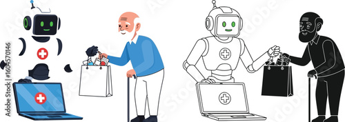 Robot assisted living healthcare concept of elderly care with ai robot delivering medicine to senior man