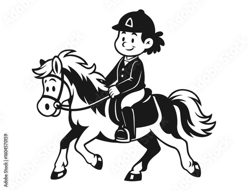 Child riding a pony in equestrian outfit vector illustration