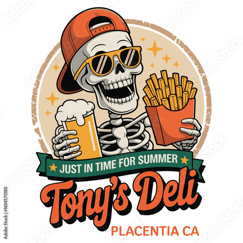 Cool skeleton wearing cap, shades, holding beer and fries, Tony’s Deli. Vector illustration design.
