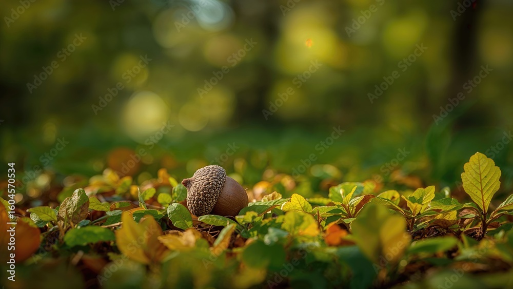 Fototapeta premium Acorn resting on a bed of leaves with natural surroundings