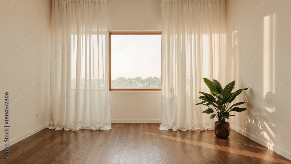 Fototapeta premium A peaceful interior bathed in gentle daylight filtering through translucent drapes, evoking calmness.