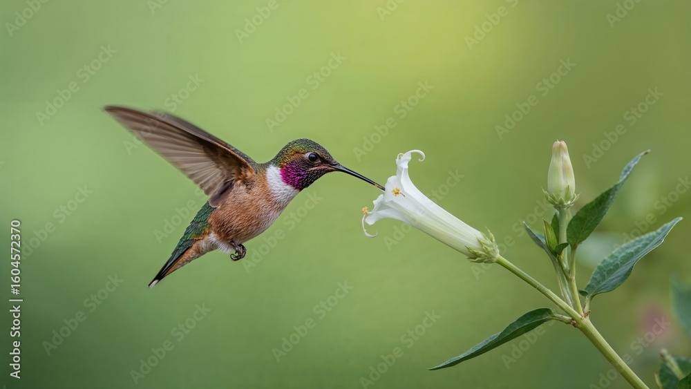 Fototapeta premium A reddish hummingbird drinks nectar mid-flight against a lush green background, created with AI generative techniques