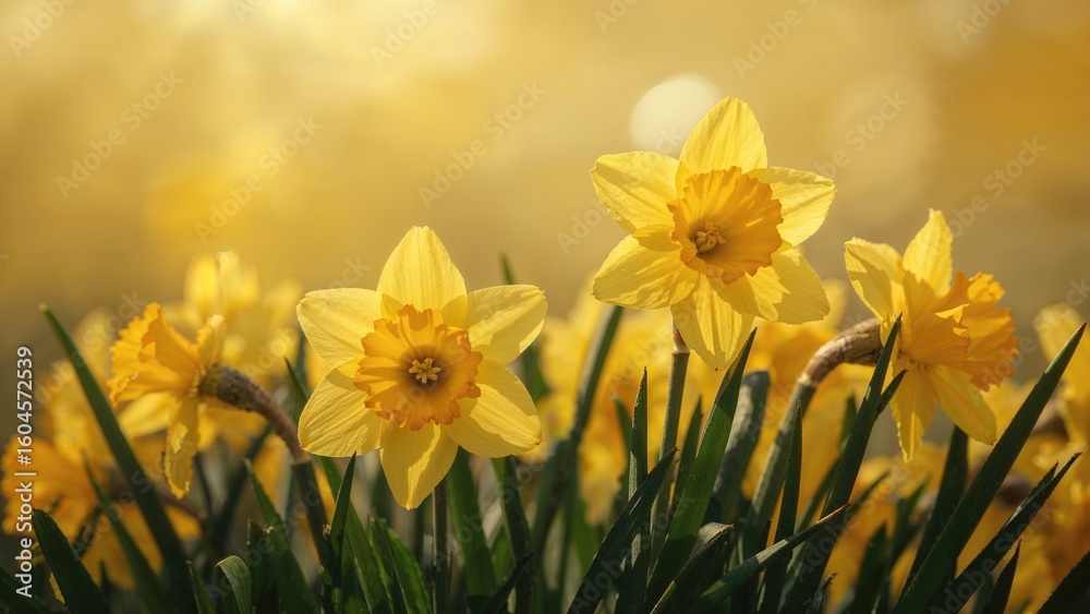 Obraz premium Close-up view of yellow daffodils blossoming in sunlight