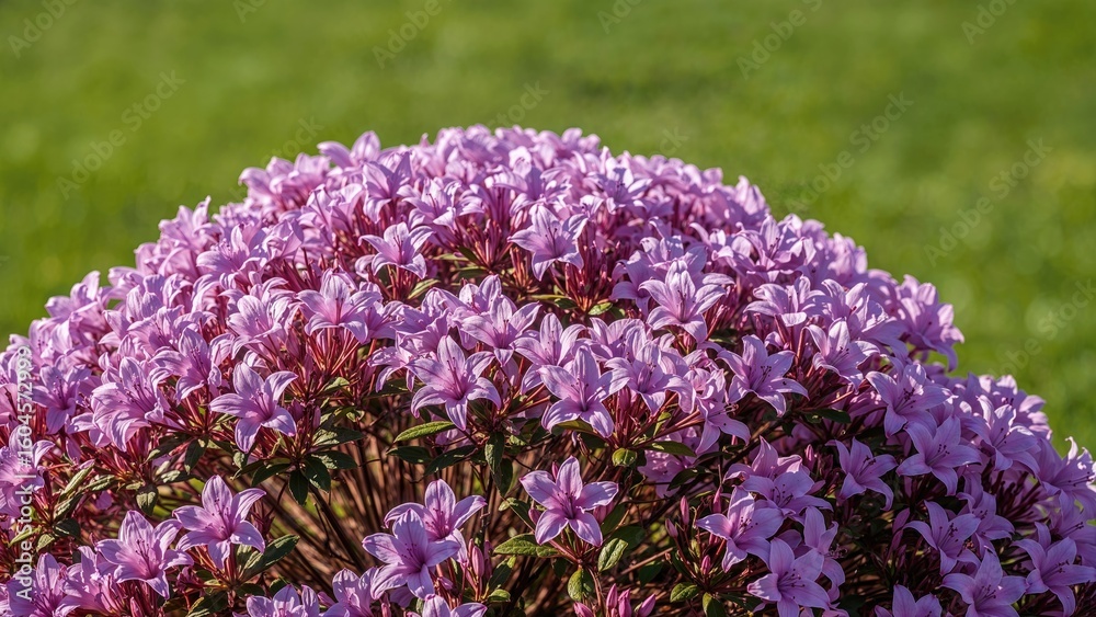 Fototapeta premium A flourishing lilac azalea plant covered in blossoms, producing a bright and eye-catching view.