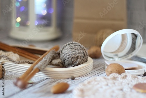 Needlework knitting objects on the table needles and clew ball wool yarn differen woman things hobby 