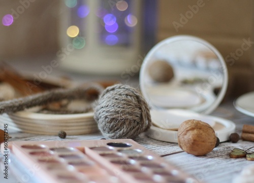 Needlework knitting objects on the table needles and clew ball wool yarn differen woman things hobby 