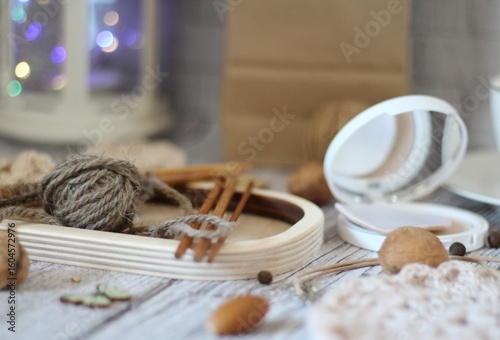 Needlework knitting objects on the table needles and clew ball wool yarn differen woman things hobby 
