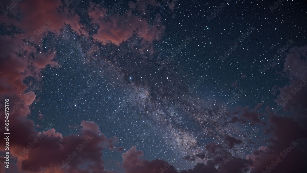 Fototapeta premium Celestial background with clouds tinted pink and galaxy elements