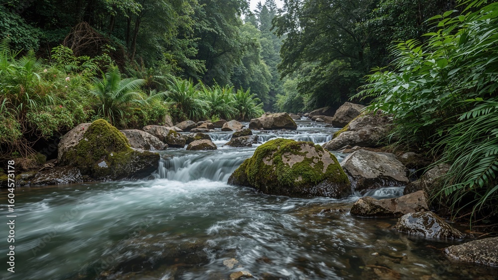 Fototapeta premium A serene creek moves swiftly over boulders, making tiny rapids with rich greenery close by.