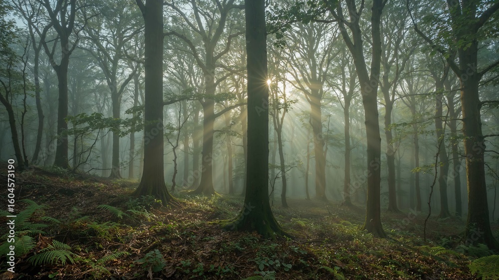 Obraz premium Early morning mist envelops a lush forest