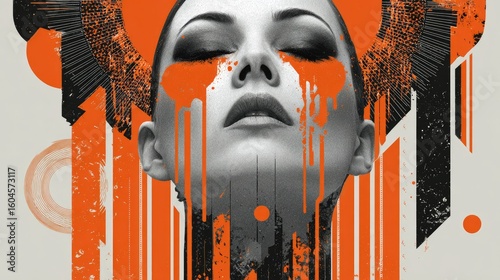Abstract portrait of a woman with orange drips.