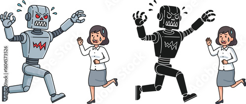 Robot attack illustration vector art ai threat concept technology fear woman running from robot danger future