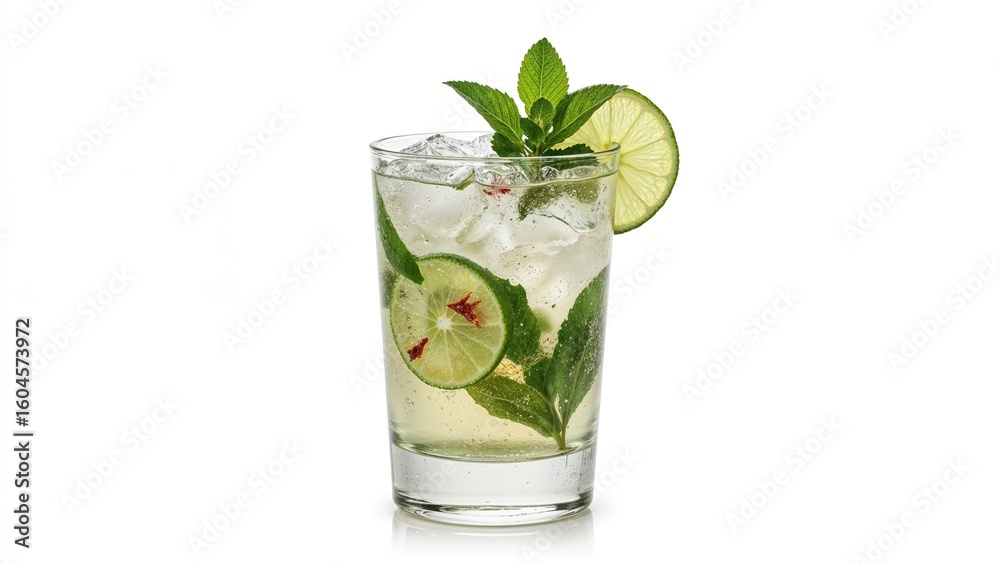 Fototapeta premium Chilled mojito beverage in a large glass, flavored with lime and mint.
