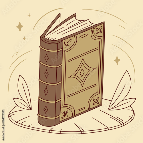 Antique Book Illustration with Decorative Cover on a Table with Leaves