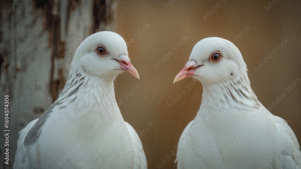 Fototapeta premium Close-up view of white pigeons with a soft-focused backdrop