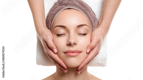 Young woman getting facial massage in beauty salon isolated on a white background