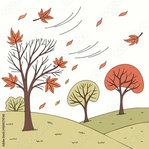 Autumn landscape with trees and falling leaves on a windy day