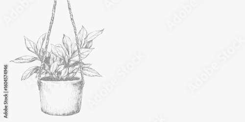 Potted plant hanging from a hook. Rough stipple illustration, noisy halftone dots with photocopy paper grain and strong threshold texture. Retro and edgy.