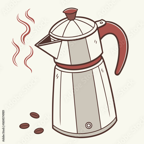 Stylized Italian Coffee Maker with Steam and Coffee Beans Illustration