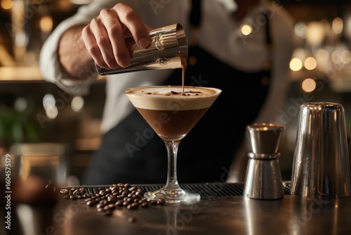 Bartender preparing espresso martini cocktail in a nightclub