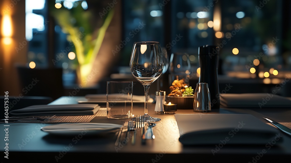 Naklejka premium Elegant table setting with glasses, flowers, and cutlery in a restaurant.