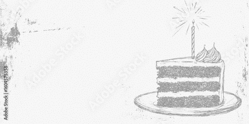 Cake with a candle on top, celebration and joy, birthday. Retro stipple art with dotted halftone texture, faded photocopy grain and clear threshold lines for extra depth.