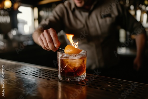 Bartender preparing a cocktail with fire and orange peel in a dimly lit bar