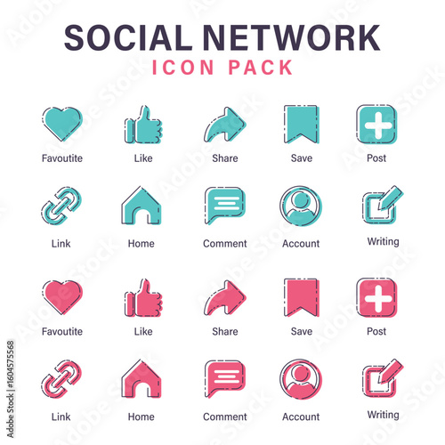 Social Network icon pack. Minimal vector icon pack for social media UI UX. Includes 20 flat design icons: like, share, comment, post, save, and more. Modern style in cyan and pink color themes.