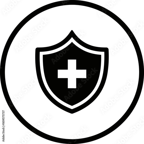 Black and white illustration of a shield with a medical cross symbol inside a circle.