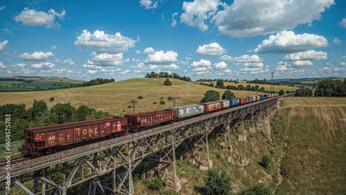 A vast pastoral setting showing a lengthy freight train passing below an aerial train bridge.