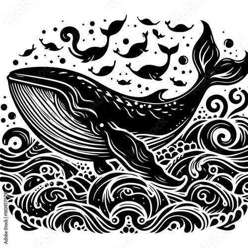 Majestic Whale Swimming Through Stylized Ocean Waves