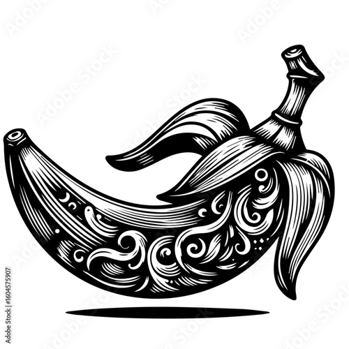 Ornate Banana with Decorative Swirls and Stripes