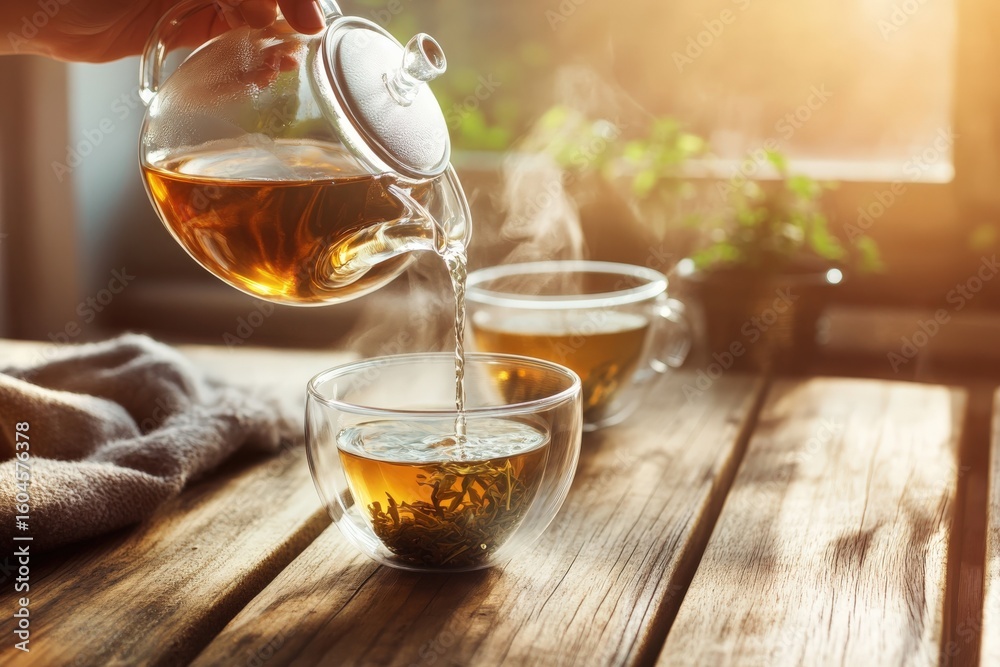Fototapeta premium Pouring fresh, steaming tea into glass teacups on a wooden table